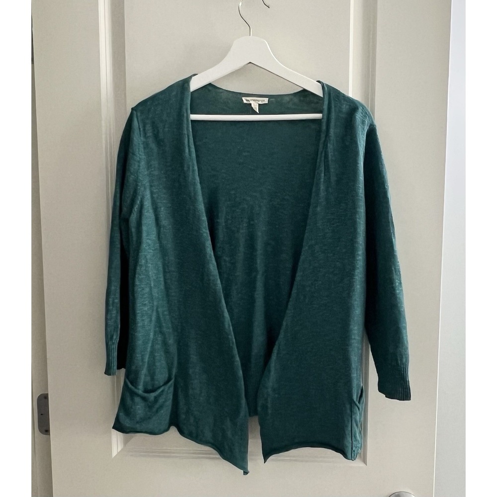 Eileen Fisher Cardigan Sweater Open Front Knit Linen Blend Size Medium Pockets